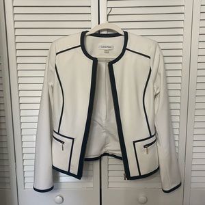 Calvin Klein zip blazer, white with black pipping. Worn one time!